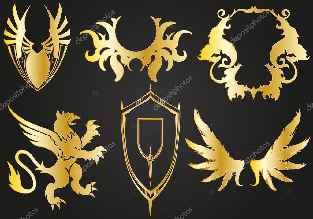 Shields and golden silhouettes on black background.