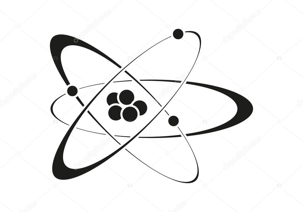 Black icon of an atom on white background.
