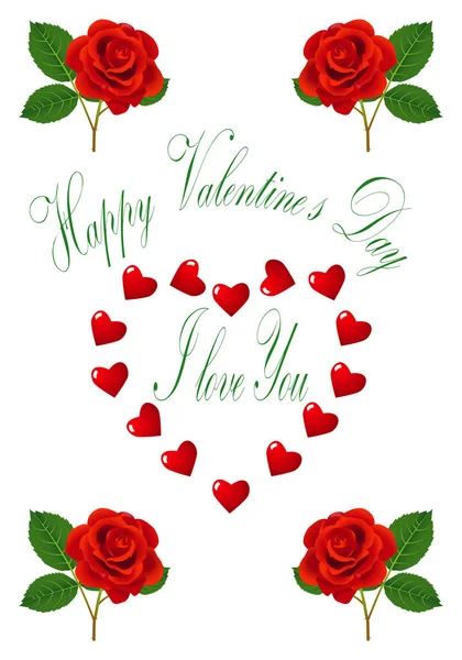 Happy Valentine Day Red Roses Some Hearts — Stock Vector