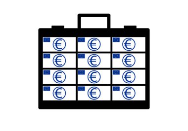 Beyaz arka planda avro banknotlarıyla dolu yönetici evrak çantası simgesi