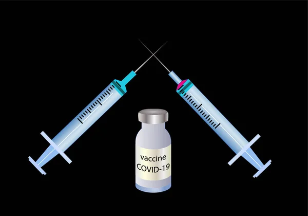 黒の背景に全体のバイアルと別の典型的な注射器を活用漏斗注射器とCovid 19またはコロナウイルスワクチン — ストックベクタ