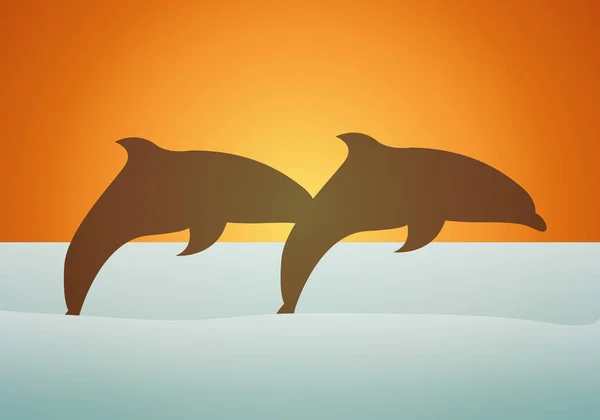 Silhouette Delfino Mare Tramonto — Vettoriale Stock