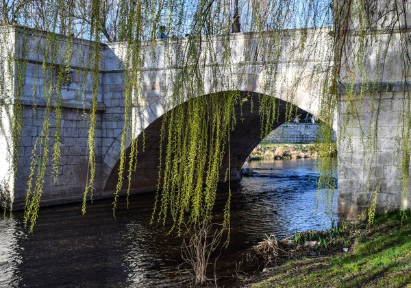 春の川に隣接する橋 — ストック写真