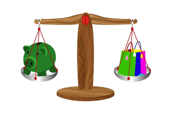 Balancing Savings Expenses Scale Pig Piggy Bank Shopping Bag — Stock Vector