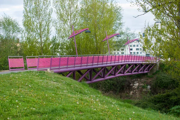自然の中でピンク フクシアや紫や紫の橋 人間が作った作品と自然の対比 — ストック写真