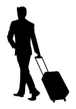 Seyahat yöneticisi silueti beyaz arka planda siyah bir bavulu sürüklüyor.