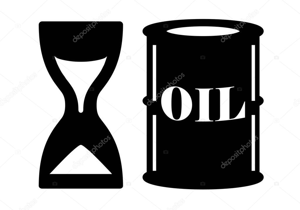 The end of oil or crude. Oil barrel and hourglass. Oil has time counted