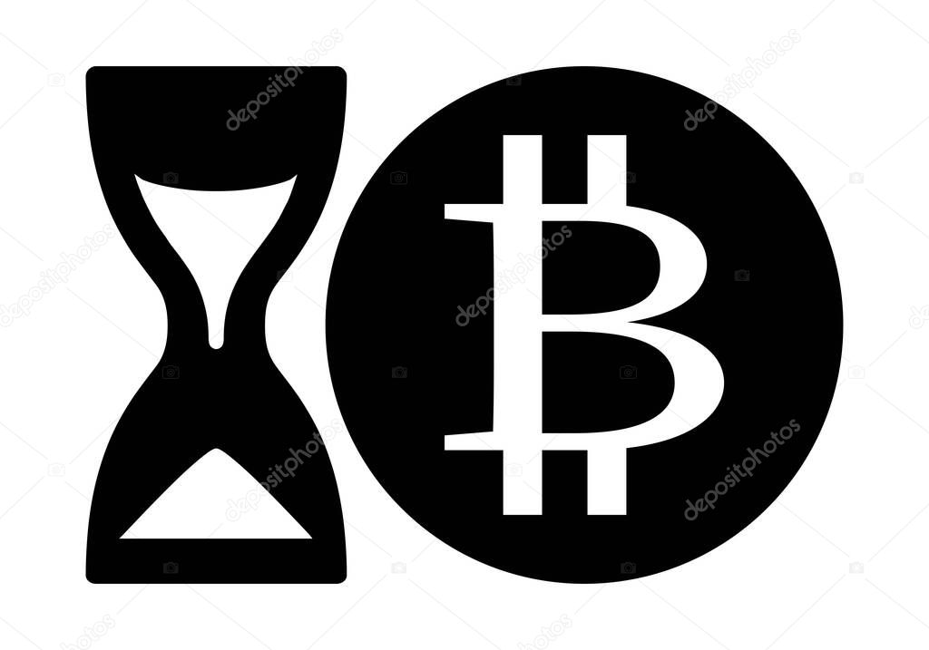The end of the bitcoin cryptocurrency. Black and white icon of hourglass and bitcoin coin