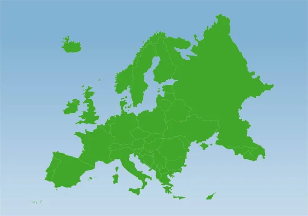 Grüne Silhouette Des Physischen Europas Mit Ländergrenzen Auf Weißem Hintergrund — Stockvektor