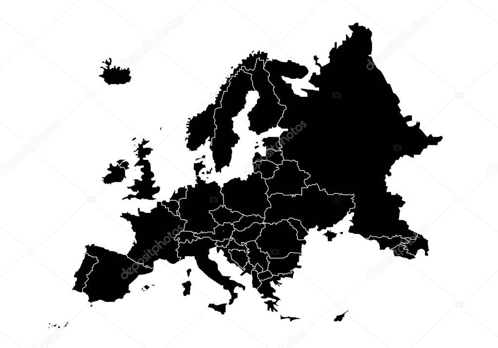 Black silhouette of physical Europe with boundaries between countries on blue sky