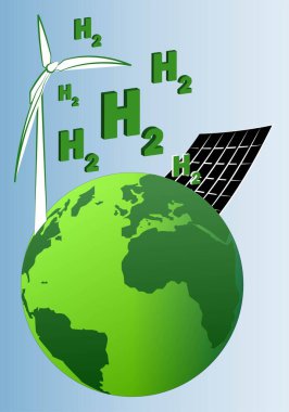 Yeşil hidrojen H2. Yeşil bir gezegene ulaşmak için yenilenebilir enerji, rüzgar türbinleri ve güneş panelleriyle üretiliyor.