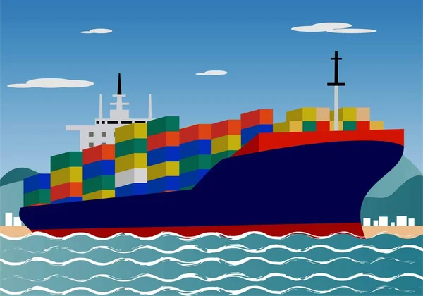 Teherszállító Hajó Tele Konténerekkel Tengeren Várossal Hegyekkel Kék Égbolttal Felhőkkel — Stock Vector