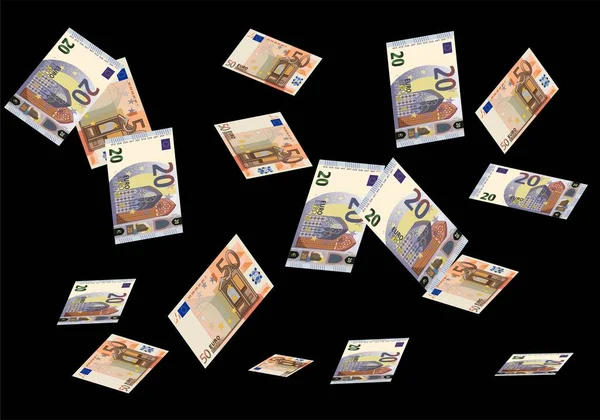 50ユーロ札と20ユーロ札の雨 配当雨 宝くじ賞ギャンブル — ストックベクタ