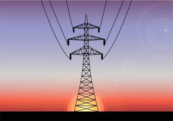 Torre Electricidad Sobre Cielo Tonos Amarillos Anaranjados Azules Encendido Atardecer — Vector de stock