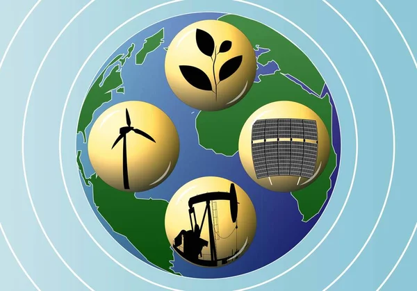 Dünyayı Hareket Ettiren Enerjiler Dünya Gezegenindeki Petrol Rüzgar Türbinleri Biyokütle — Stok Vektör