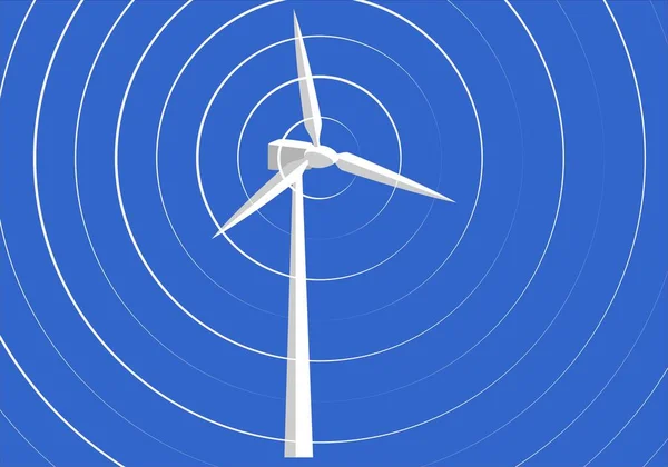 蓝色背景上的白色风力涡轮机 运动信号中有白色同心圆 可持续 可再生 替代和清洁能源 没有碳 — 图库矢量图片