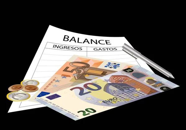 Ισολογισμός Εσόδων Και Εξόδων Τραπεζογραμμάτια Ευρώ Και Ευρώ Και Κέρματα — Διανυσματικό Αρχείο