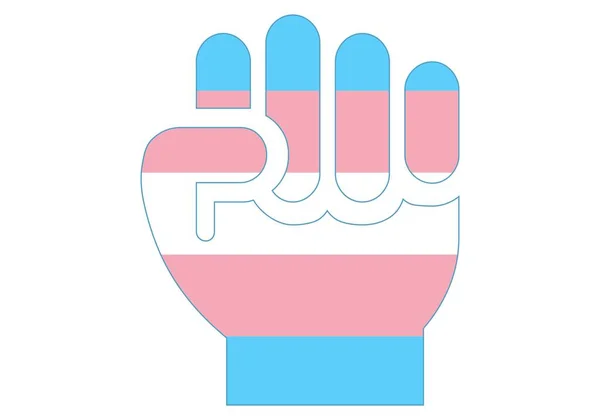 斗争中的变性人 紧握拳头 白色背景上的跨性别旗帜 骄傲日 — 图库矢量图片