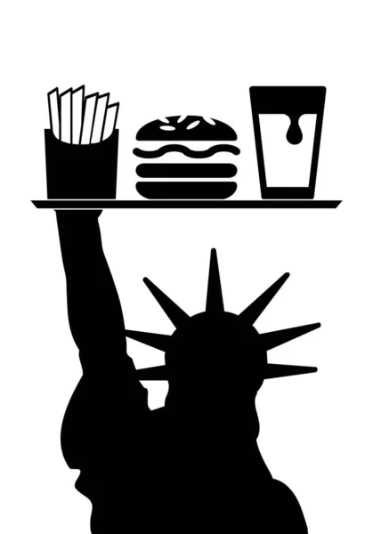 Tray American Food Held Statue Liberty French Fries Hamburger Soda — Stock Vector