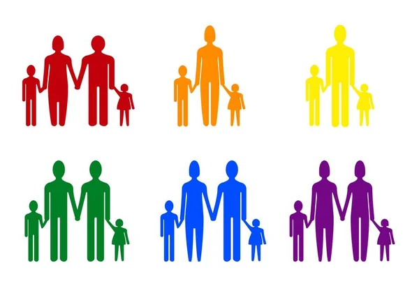 Silhouettes Différentes Familles Avec Enfants Avec Remplissage Drapeau Lgtbiq Rouge — Image vectorielle