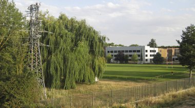 Modern binanın yanındaki bahçe ve park.