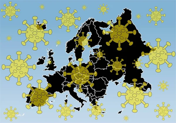 Universum Des Coronavirus Oder Covid Delta Variante Auf Der Europakarte — Stockvektor