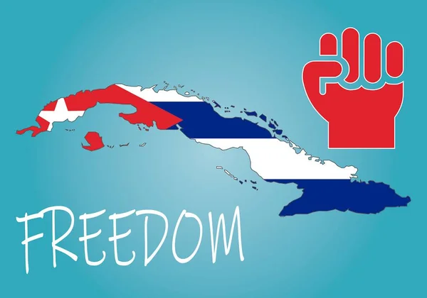 Mapa Kuby Flagą Pięść Sygnale Walki Słowo Libertad Niebieskim Gradiencie — Wektor stockowy