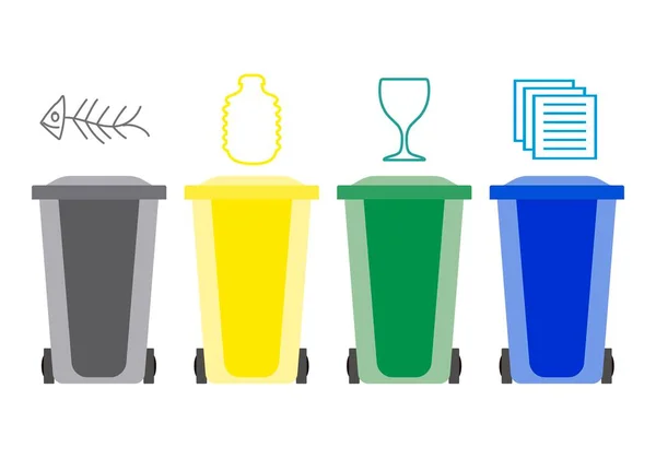 Müll Plastik Glas Und Papiercontainer Papierkörbe Grau Gelb Grün Und — Stockvektor