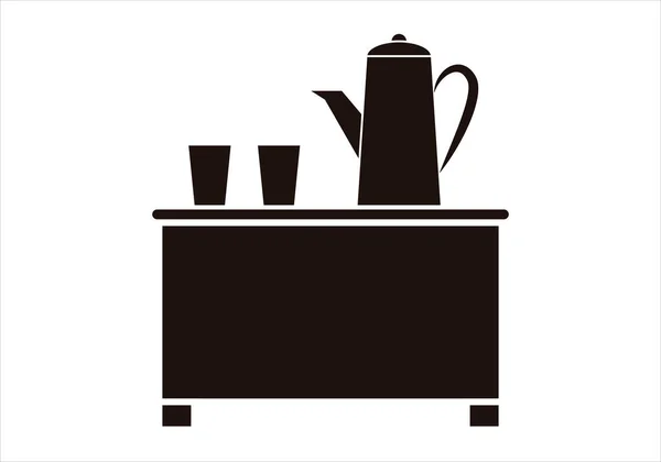 コーヒーポットとカップ付きテーブルの黒のアイコン — ストックベクタ