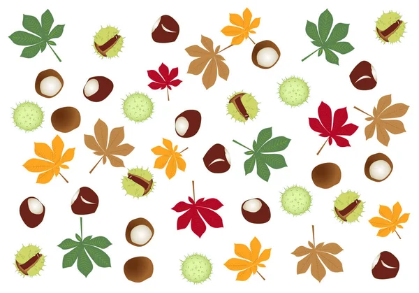 Herbstmuster Mit Kastanienblättern Kastanien Mit Rinde Und Ohne Rinde Und — Stockvektor