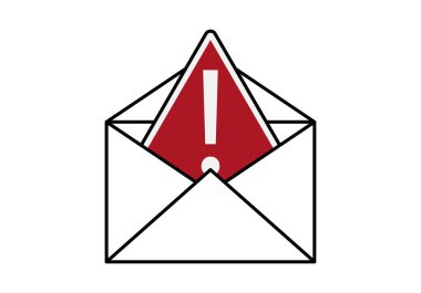 Üzerinde kırmızı ünlem işareti olan açık bir zarfın simgesi, tehlikeli bir uyarı veya posta simgesi..