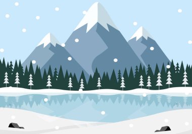 Kış manzarası karla kaplı dağlar, çam ormanı ve donmuş göl