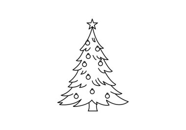 Kürelerle süslenmiş bir Noel ağacının doğrusal simgesi ve yıldız, minimalist siyah ve beyaz illüstrasyon