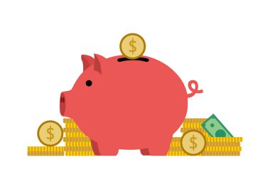 Altın ve dolar banknotları, tasarruf ve yatırım konsepti olan pembe bir kumbaranın vektör çizimi