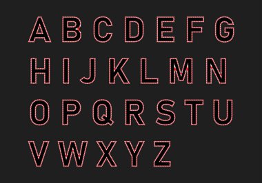 Büyük harflerle tam alfabe ve koyu arkaplan üzerine parlak kırmızı çizgi, Noel şeker kamışı tarzı.