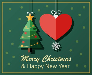 Noel ve Yeni Yıl tebrik kartı içinde ağaç ve kırmızı kalp süsü, düz ve şenlikli tasarım