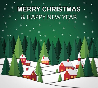 Christmas card with Christmas landscape featuring village, forest and snow