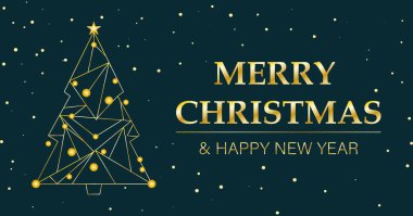 Altın çokgen Noel ağacı ve koyu yeşil arka planı olan Noel ve Yeni Yıl afişi