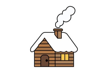 Karlı ahşap kulübe ve şömineden duman.