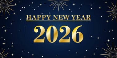 Altın havai fişek ve koyu mavi arka planlı yeni yıl kartı.