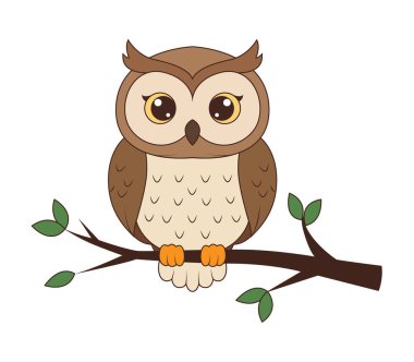 Çizgi film baykuşu yeşil yapraklı bir dala tünemiş.