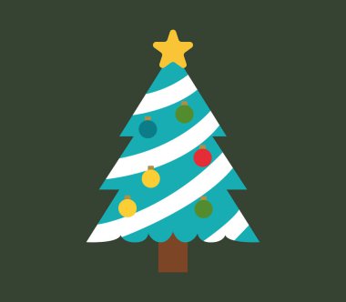 Yıldızlı düz Noel ağacı, beyaz çelenkler ve koyu yeşil arka planda altı küre..