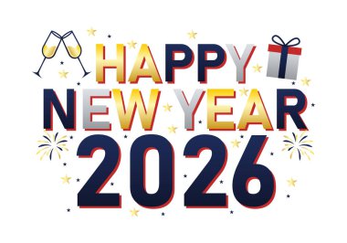 Altın ve mavi harflerle Mutlu yıllar 2026