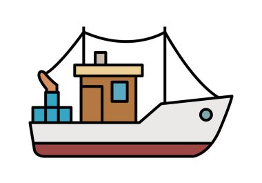 Beyaz arka planda kargo taşıyan bir balıkçı teknesi.