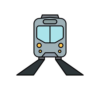 Metro treni beyaz bir arkaplanda raylarla öne bakıyor.