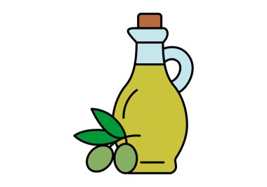 Bir şişe taze zeytinyağı ve zeytinli yeşil yapraklar.