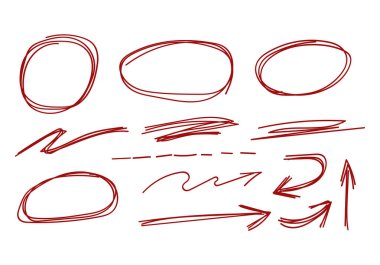 İşaret biçiminde el çizimi kırmızı karalamalar ve oklar