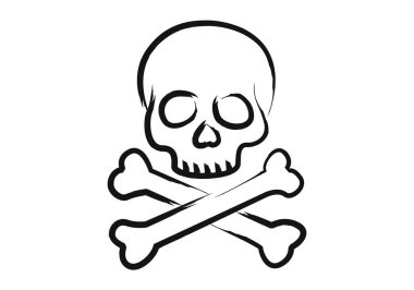 Beyaz arka planda siyah fırça darbeleriyle çizilmiş çapraz kemikli kafatası