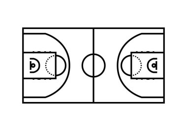 Bir basketbol sahasının diyagramı ve hava manzarası yönetmelik çizgilerini gösteriyor.
