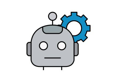 Yapay zekayı temsil eden mavi dişli gri robot kafası.